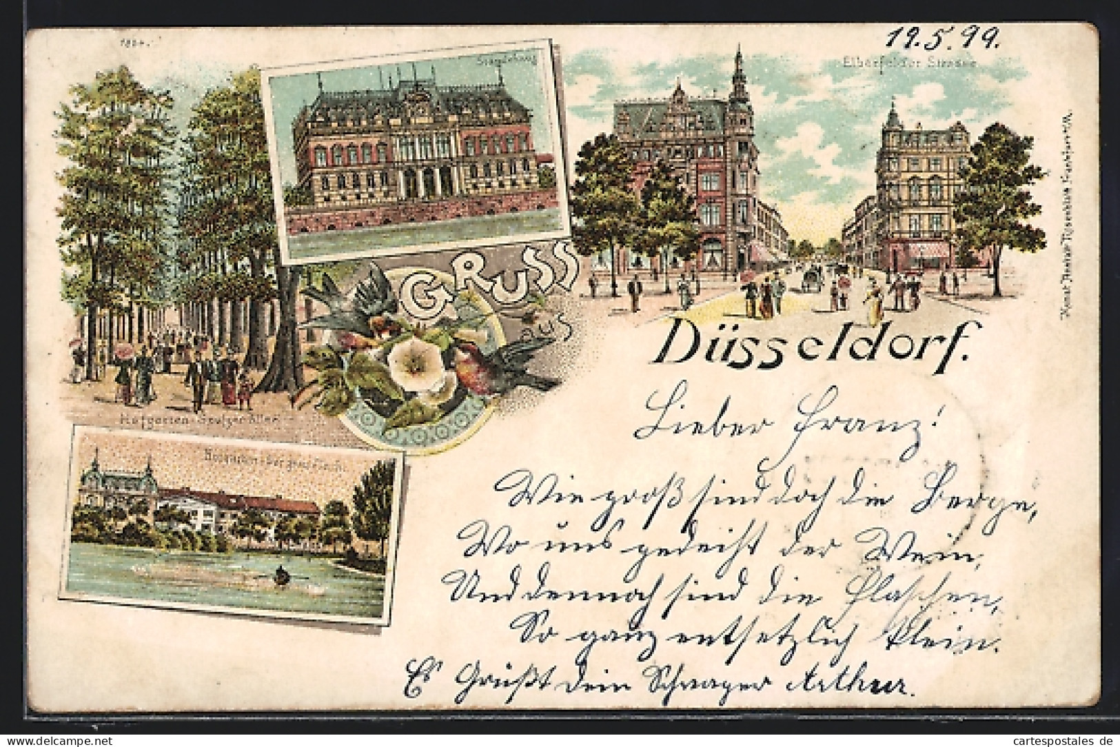 Lithographie Düsseldorf, Elberfelder Strasse, Ständehaus, Hofgarten-Seufzer Allee, Hofgarten-Der Grosse Teich  - Düsseldorf