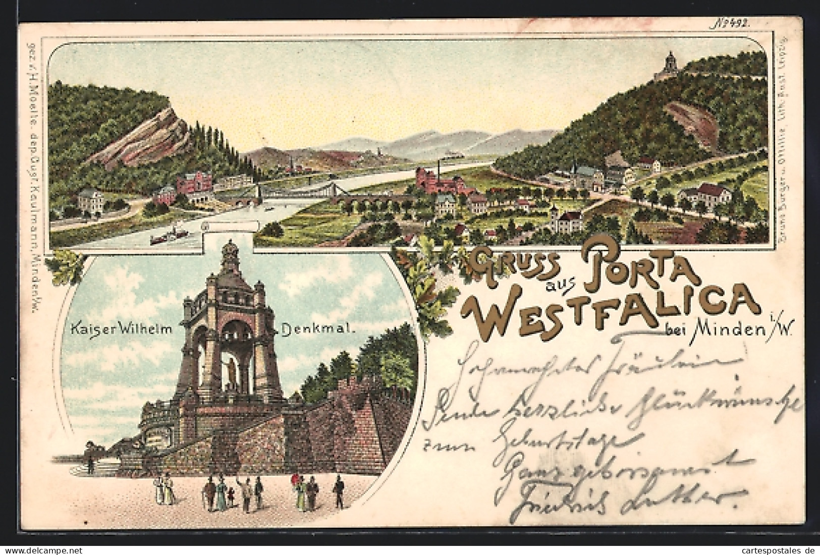 Lithographie Porta Westfalica, Gesamtblick & Kaiser Wilhelm Denkmal  - Porta Westfalica