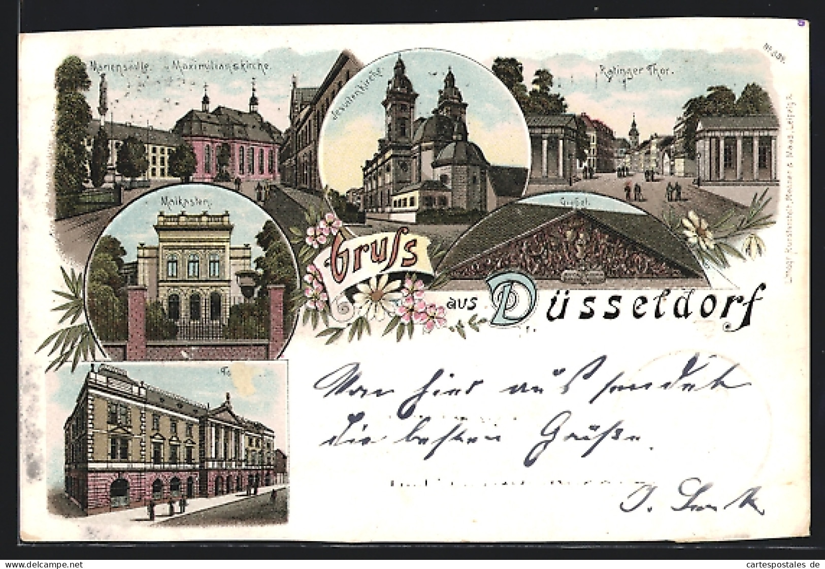 Lithographie Düsseldorf, Mariensäule Und Maximilianskirche, Jesuitenkirche, Tonhalle  - Duesseldorf