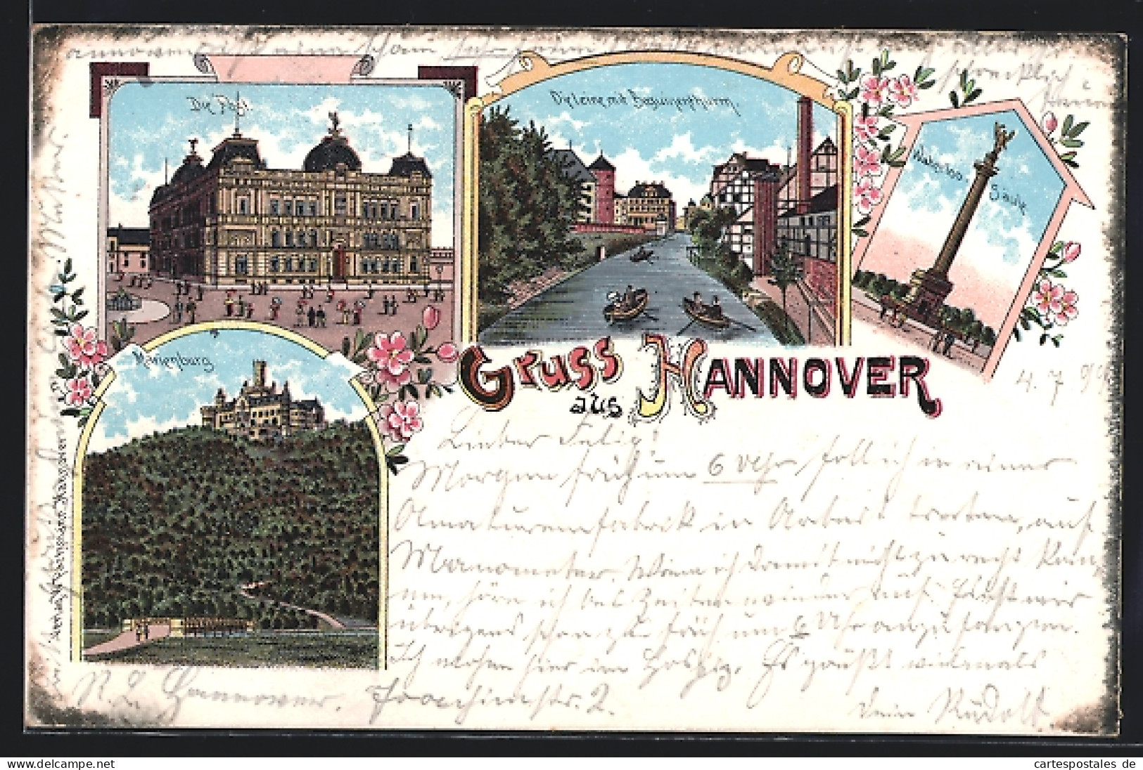 Lithographie Hannover, Marienburg, Post, Waterloosäule  - Hannover