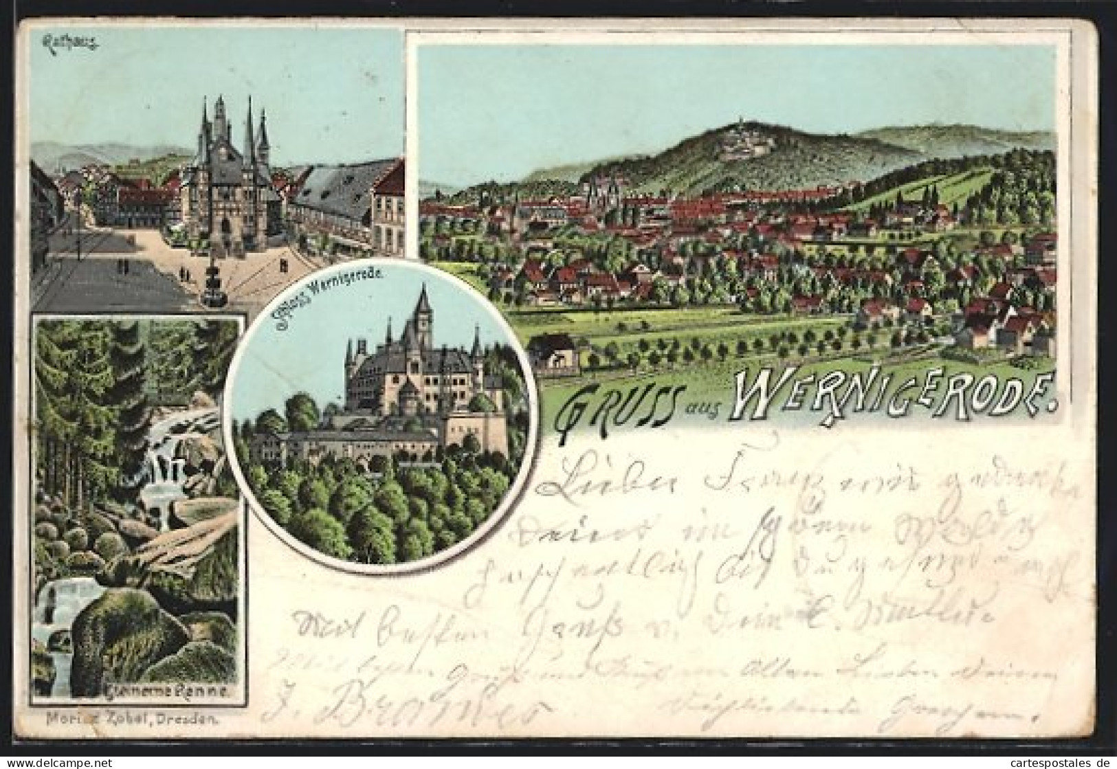 Lithographie Wernigerode, Ortsansicht Aus Der Ferne, Rathaus, Steinerne Renne, Schloss Wernigerode  - Wernigerode