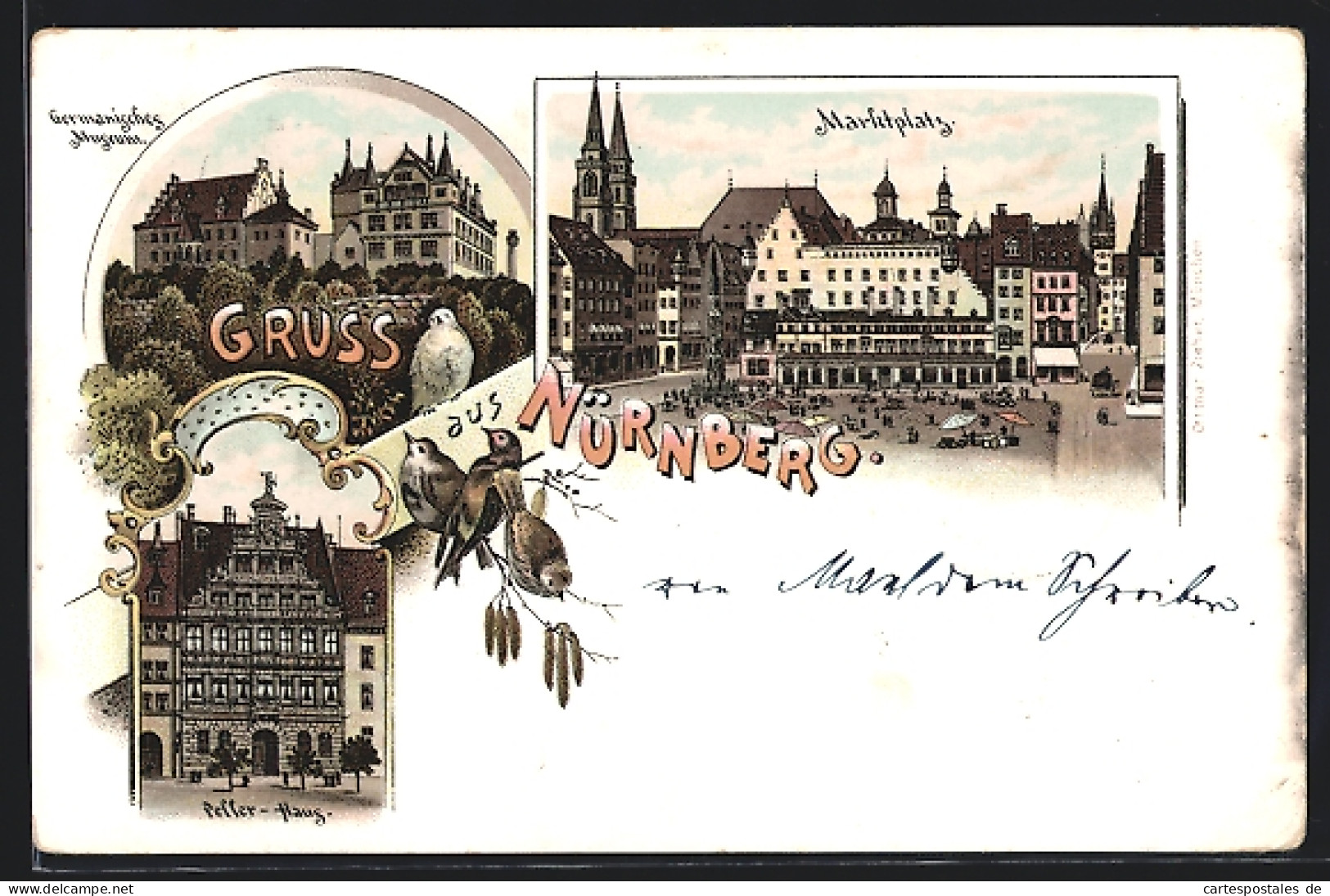 Lithographie Nürnberg, Marktplatz, Germanisches Museum, Peller-Haus  - Nuernberg