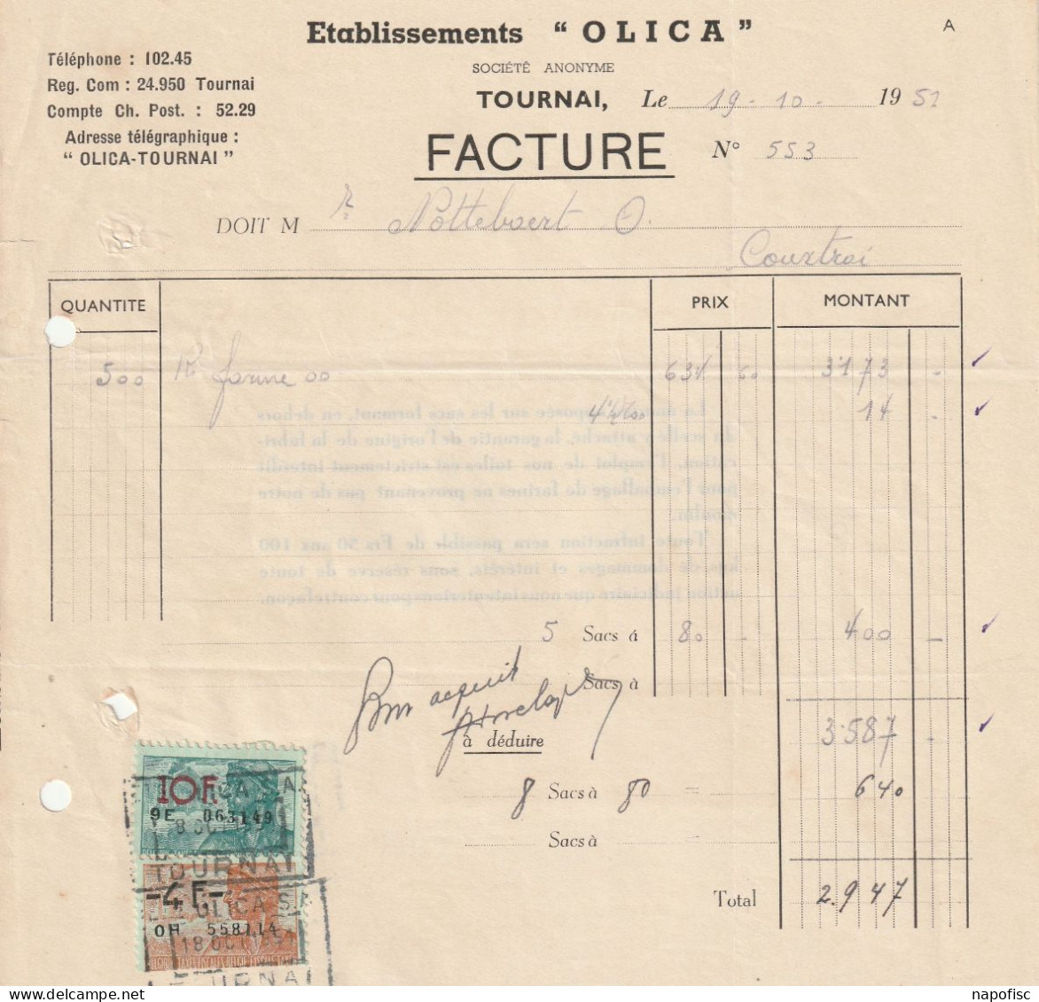 104-Ets Olica.....Tournai-Doornik...Belgique-Belgie...1951 - Agricultura