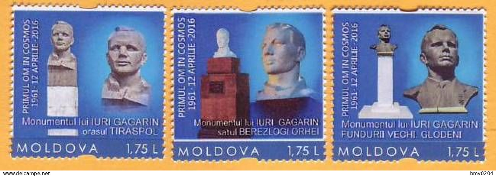 2016 Moldova Moldavie Moldau  Russia  Yuri Gagarin. Personalized Stamps. Space. Monument To Gagarin 3v Mint. - Moldavië