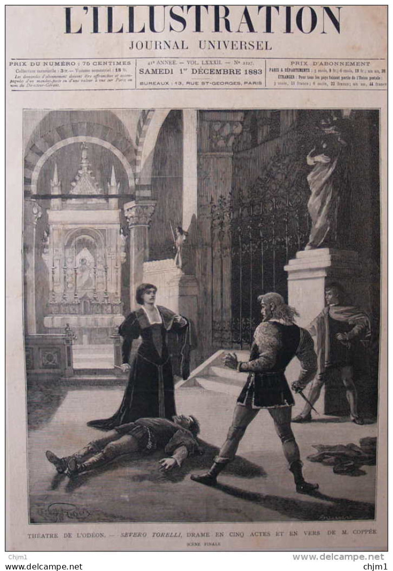 Théâtre De L'Odéon "Severo Torelli", Drame E M. Coppée - Page Original - 1883 - Historical Documents