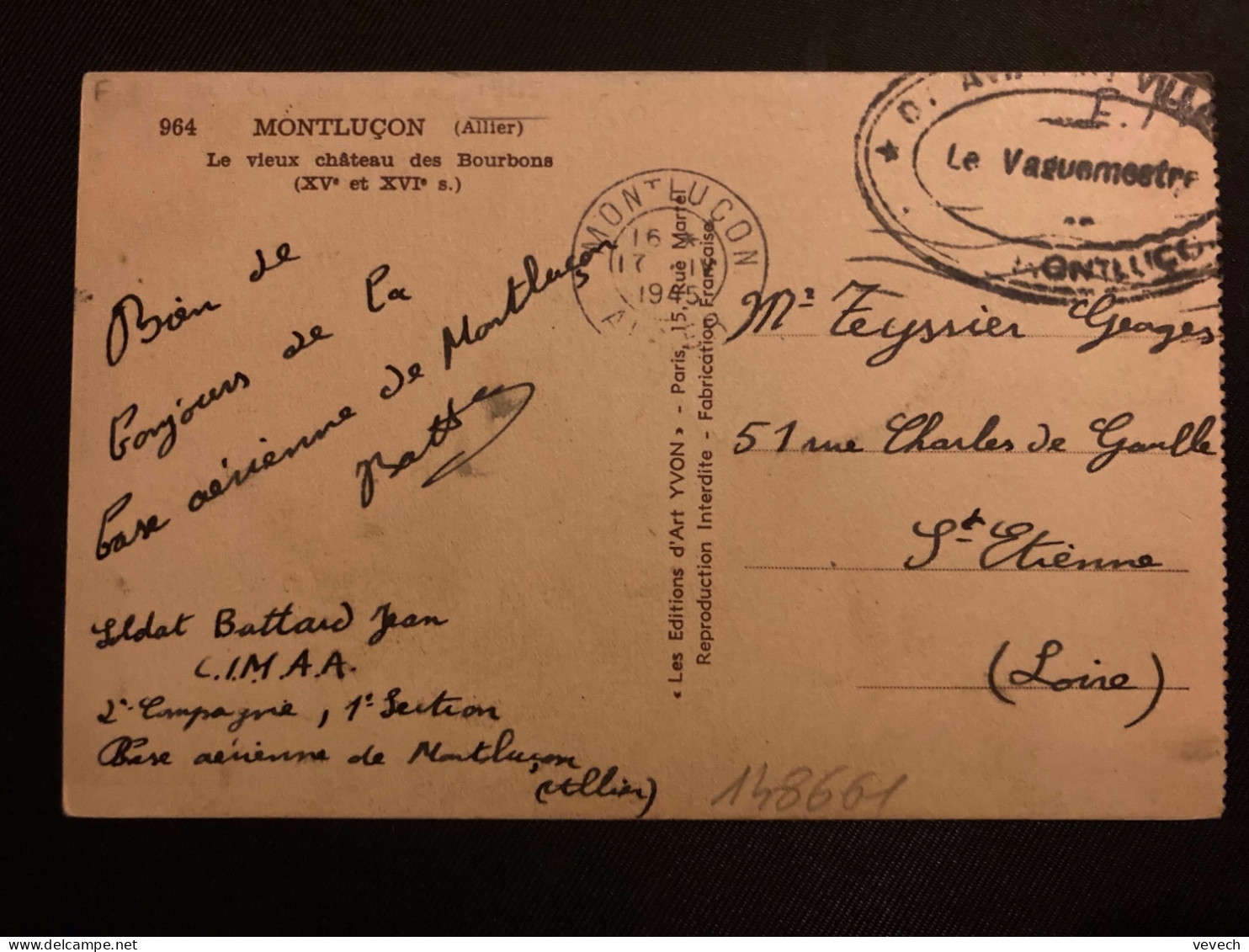 CP MONTLUCON En FM OBL.MEC.17 IV 1945 MONTLUCON ALLIER (03) EXP: BATTARD Jean CIMAA BASE AERIENNE DE MONTLUCON + CACHET - Oorlog 1939-45