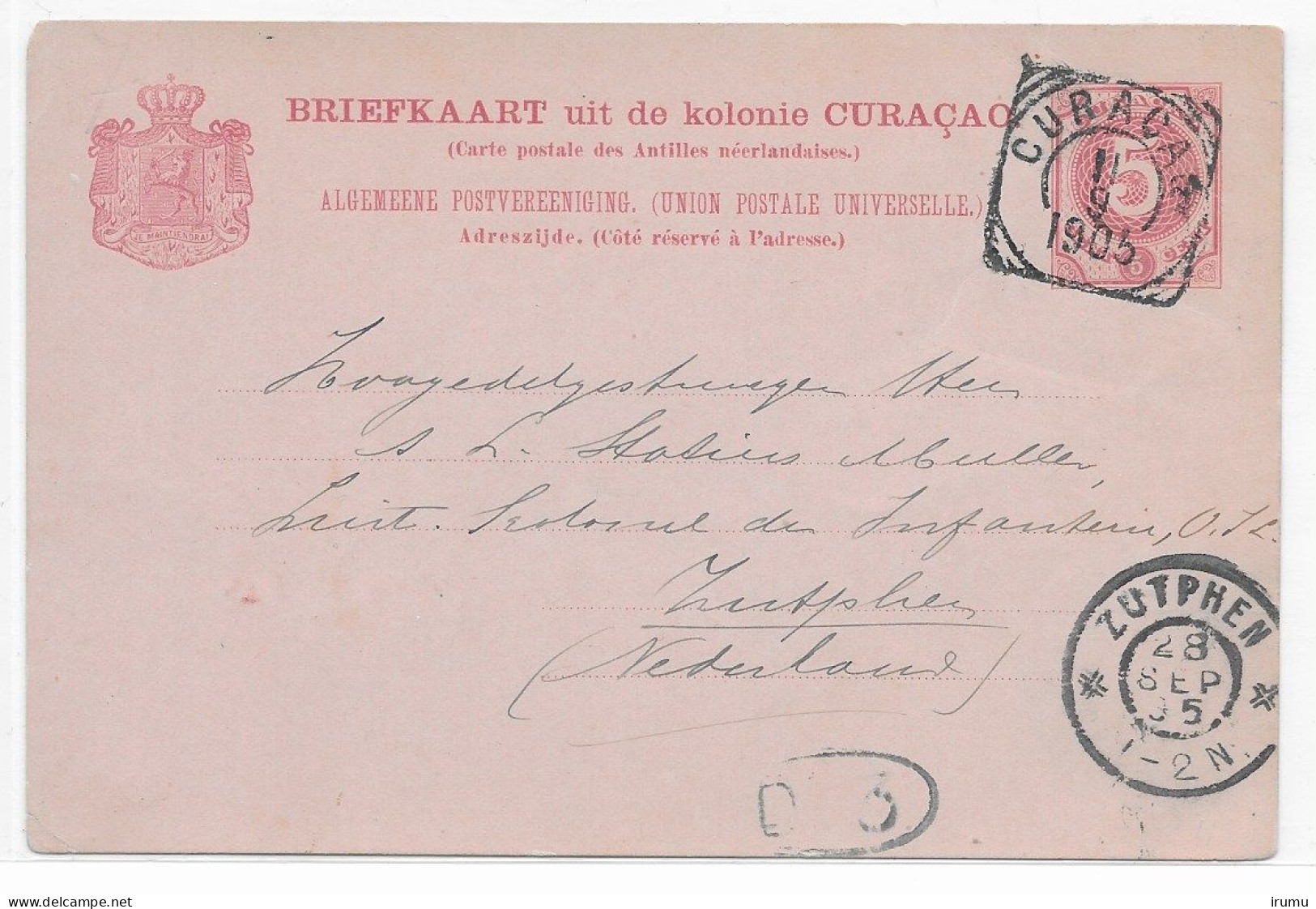 Curaçao 1891-1893, G12 V-kaart Naar Nederland (SN 2936) - Curaçao, Antilles Neérlandaises, Aruba