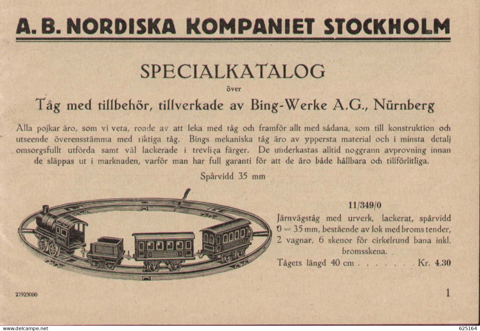 Catalogue BING-WERKE 1927 NORDISKA KOMPANIET STOCKOLM - Spårvidd 35 Mm - En Suédois - Non Classés