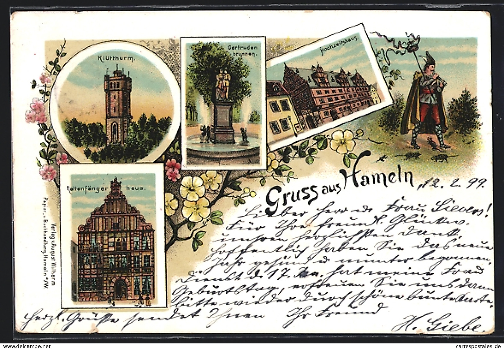 Lithographie Hameln, Rattenfängerhaus, Gertrudenbrunnen, Hochzeitshaus, Rattenfänger Von Hameln  - Hameln (Pyrmont)