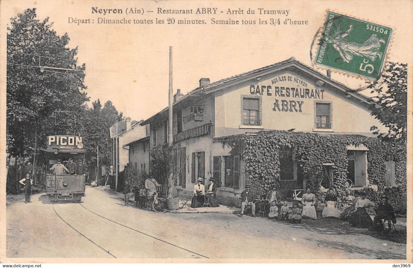 NEYRON (Ain) - Arrêt Du Tramway, Publicité Picon - Café-Restaurant Abry, Aux Iles De Neyron - Voyagé 1912 (2 Scans) - Non Classés