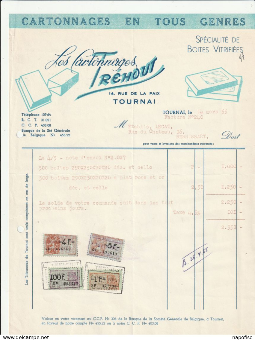 104-Tréhout..Cartonnages En Tous Genres, Boites Vitrifiées..Tournai-Doornik...Belgique-Belgie...1955 - Druck & Papierwaren