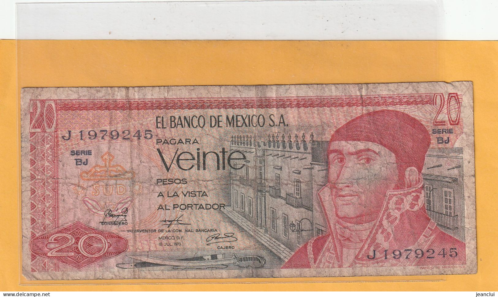 EL BANCO DE MEXICO S.A.   .  20 PESOS  .  18-7-1973  .  N°  J 1979245 .  2 SCANNES  .  BILLET TRES USITE - México