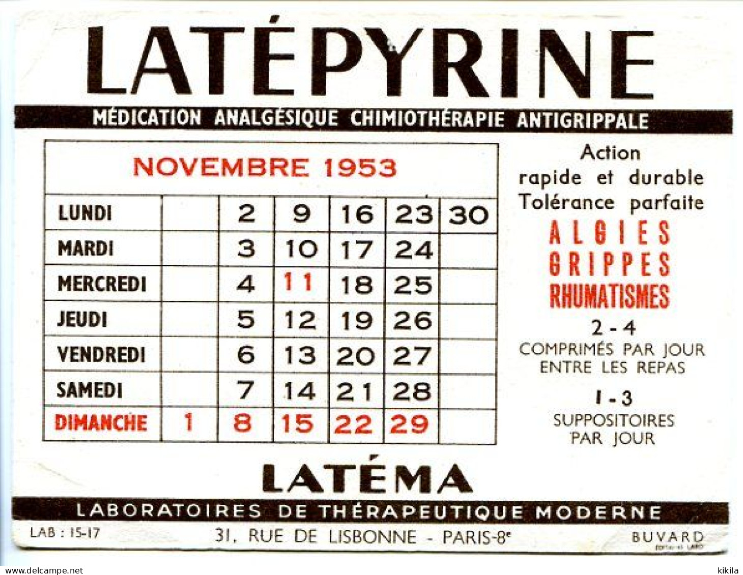 Buvard Calendrier Novembre 1953   Laboratoires De Thérapeutique Moderne  LATEMA     Latépyrine  15 X 11.5 - Chemist's