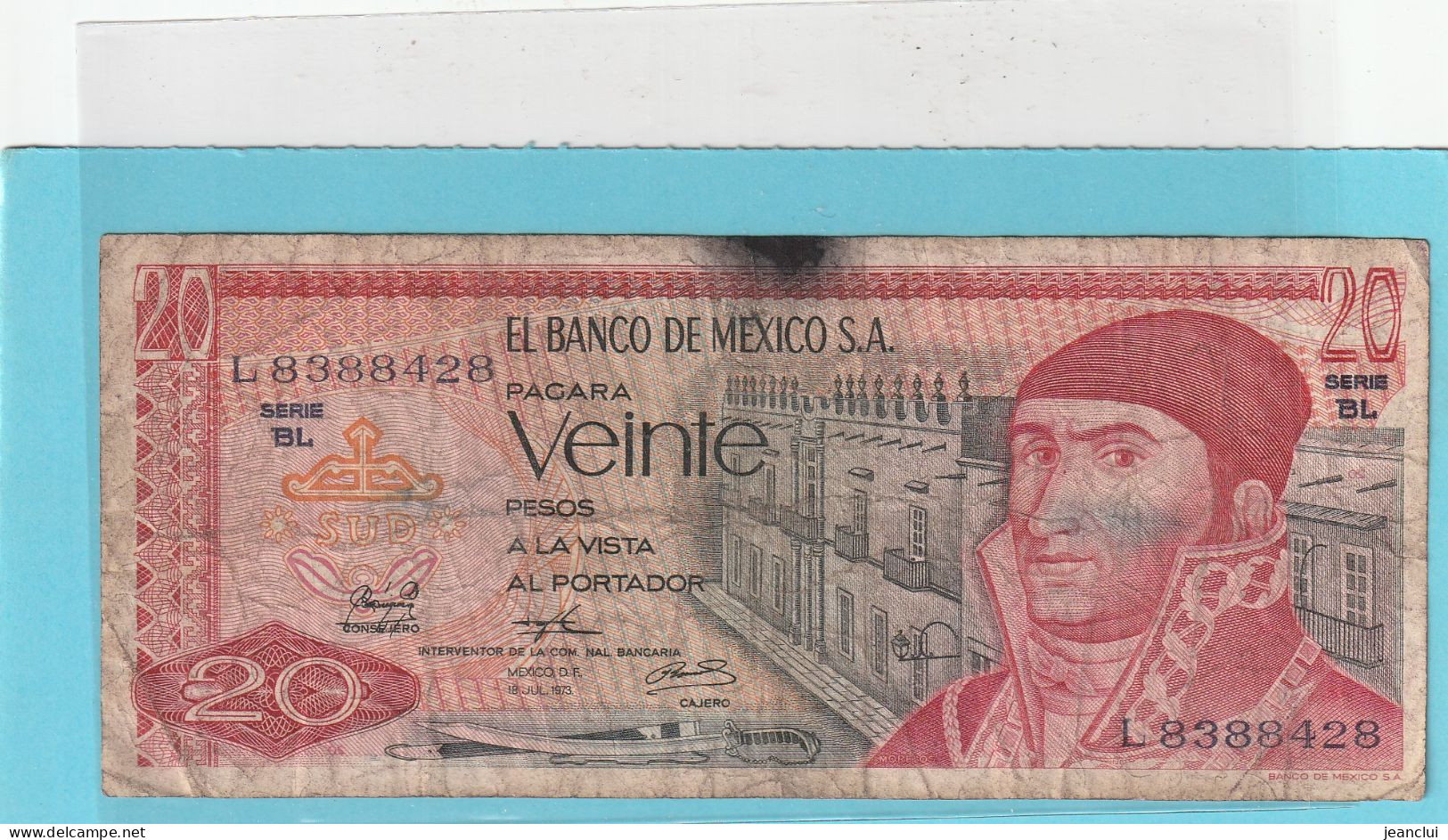 EL BANCO DE MEXICO S.A.   .  20 PESOS  .  18-7-1973  .  N°  L 8388428 .  2 SCANNES  .  BILLET TRES USITE - Mexico