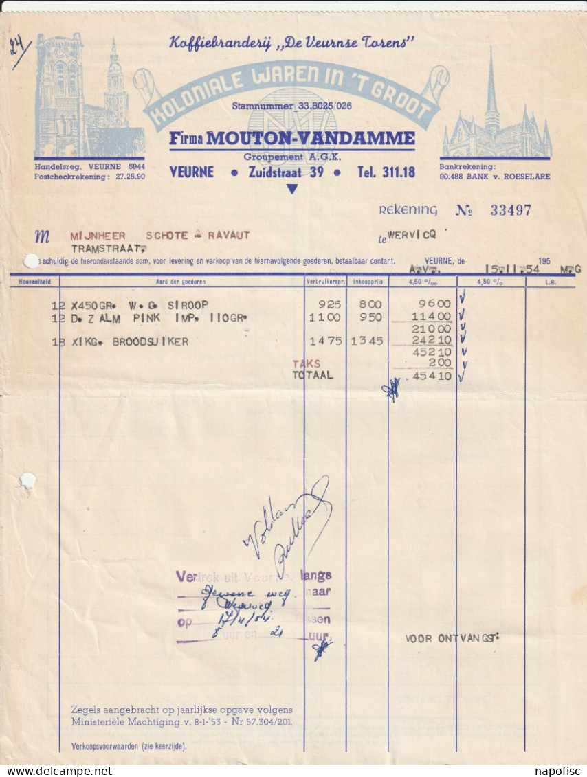 104-Mouton-Vandamme..Koloniale Waren In 'T Groot, Koffiebranderij, De Veurnse Torens.Veurne-Furnes..Belgique-Belgie.1954 - Lebensmittel