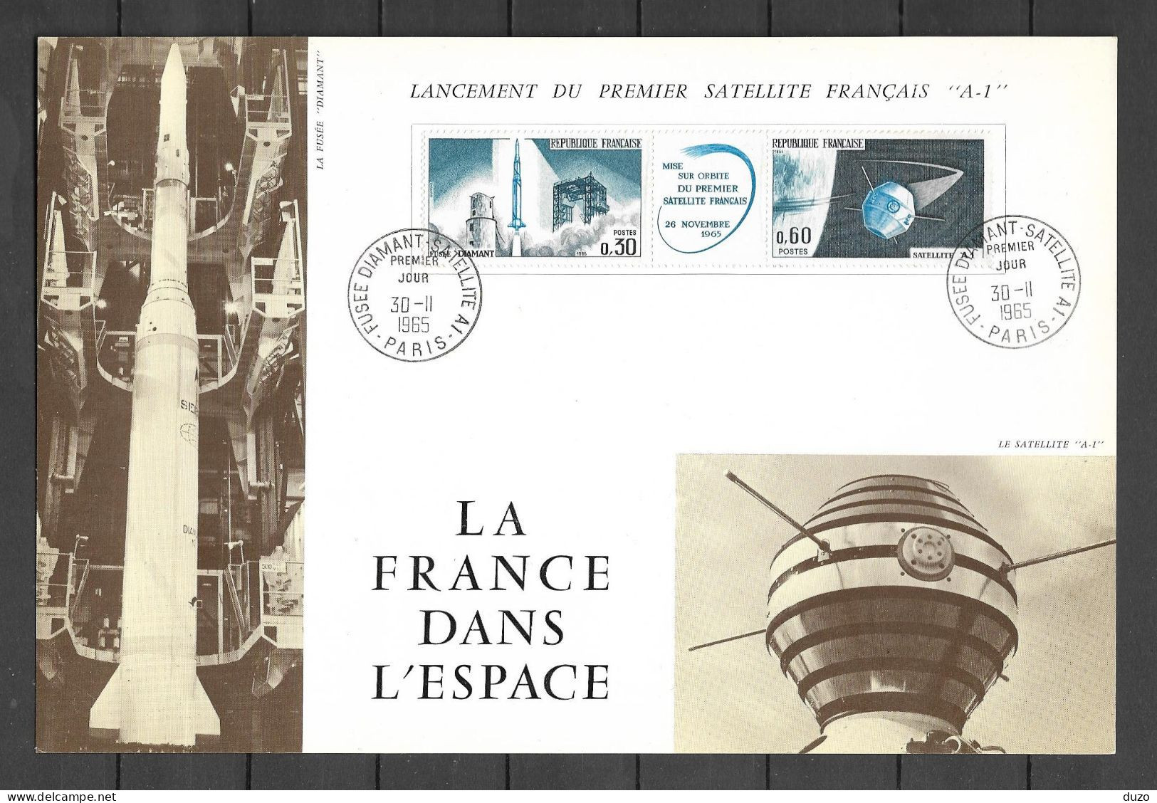1◙ France 1965 - Document  Triptyque YT 1465A  - 1ère Fusée Satellite Diamant - Paris 30 11 1965. Format 24,5x16,5 Cms - 1960-1969