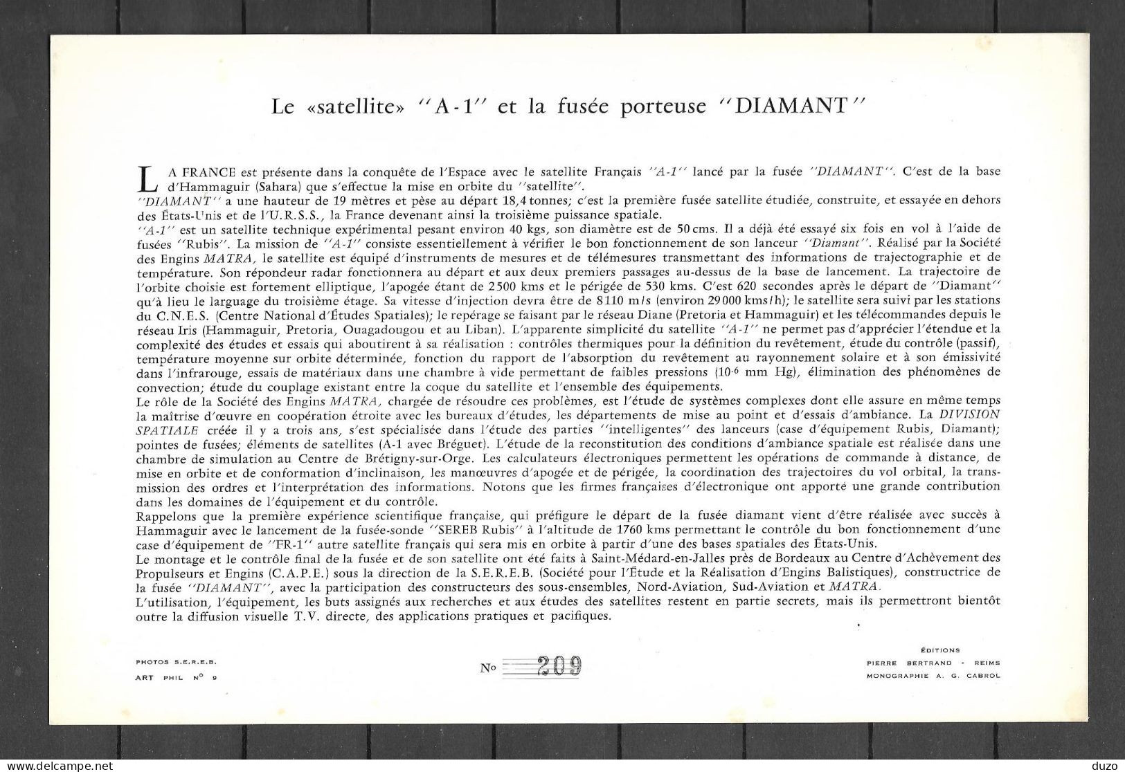 1◙ France 1965 - Document  Triptyque YT 1465A  - 1ère Fusée Satellite Diamant - Paris 30 11 1965. Format 24,5x16,5 Cms - 1960-1969