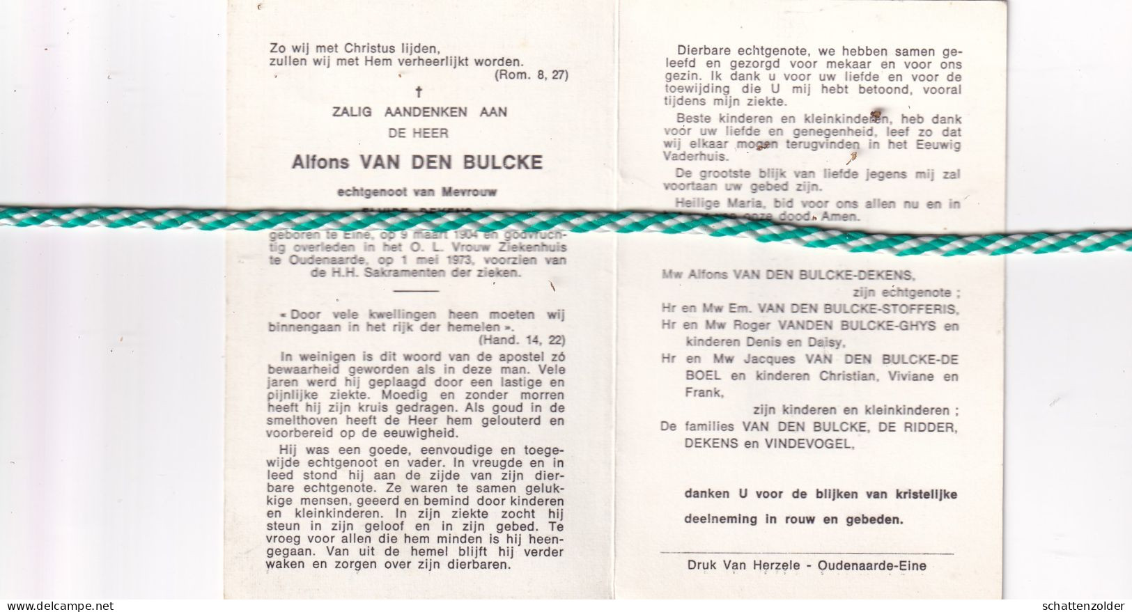 Alfons Van Den Bulcke-Dekens, Eine 1904, Oudenaarde 1973 - Todesanzeige