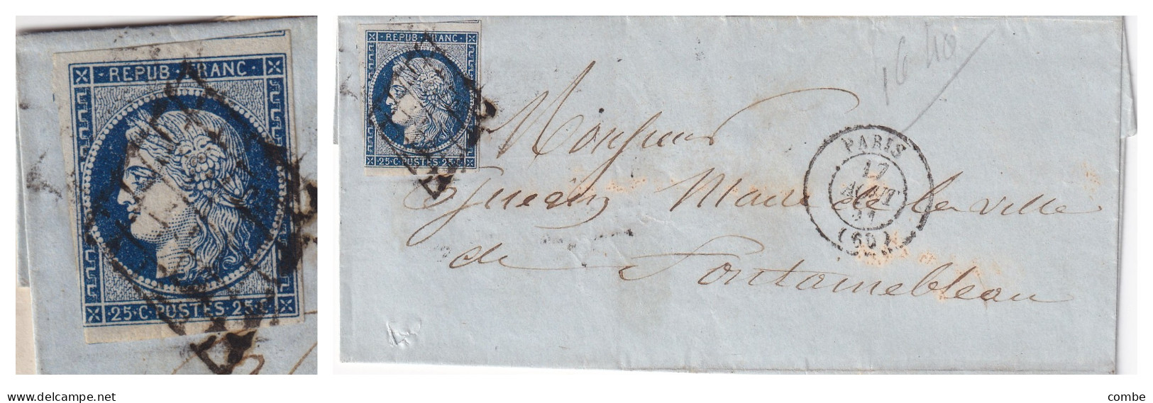 LETTRE. 17 AOUT 1851. GRILLE DE PARIS SUR N° 4. 3 BELLES MARGES ET VOISIN. POUR FONTAINEBLEAU - Other & Unclassified