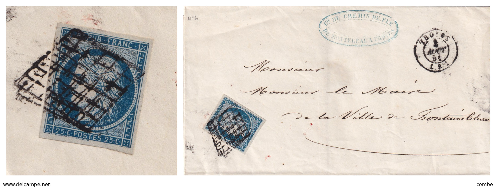 LETTRE. 8 AOUT 1851. GRILLE DE TROYES SUR N° 4. 4 TRES  BELLES MARGES . POUR FONTAINEBLEAU - Andere & Zonder Classificatie