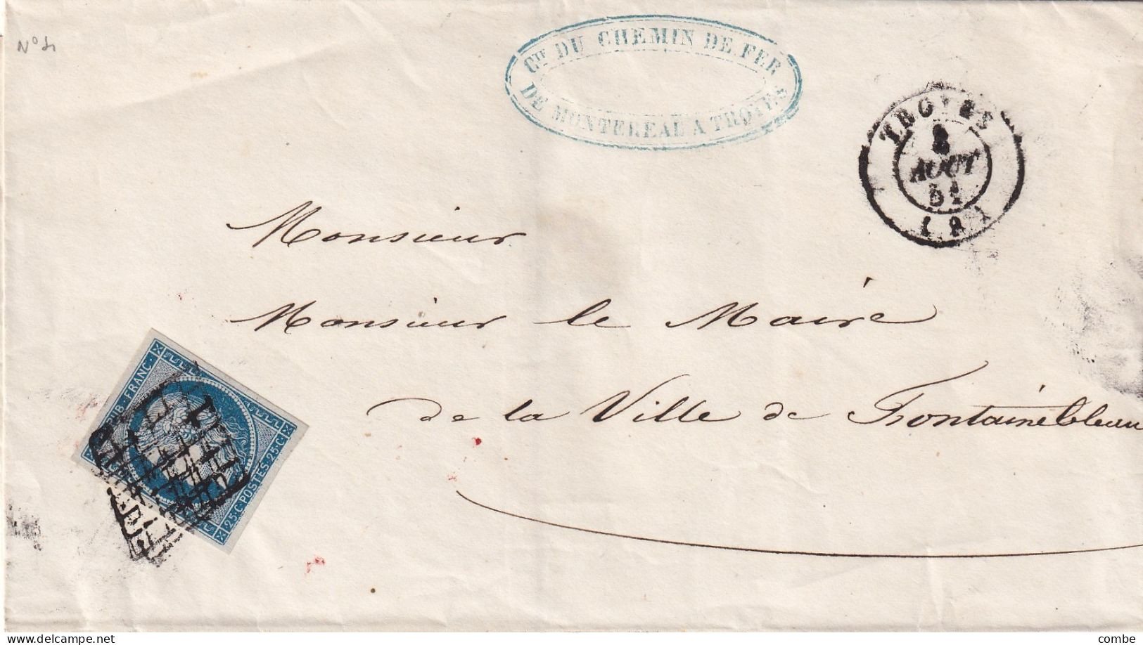 LETTRE. 8 AOUT 1851. GRILLE DE TROYES SUR N° 4. 4 TRES  BELLES MARGES . POUR FONTAINEBLEAU - Sonstige & Ohne Zuordnung