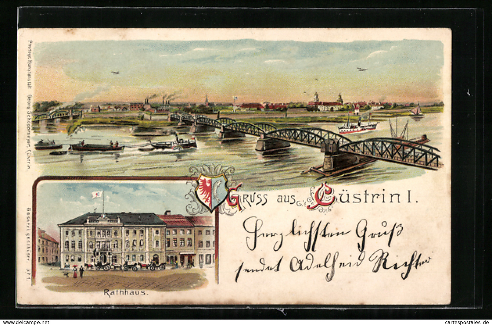 Lithographie Cuestrin / Kostrzyn, Rathaus, Flusspartie Mit Orstansicht  - Autres & Non Classés