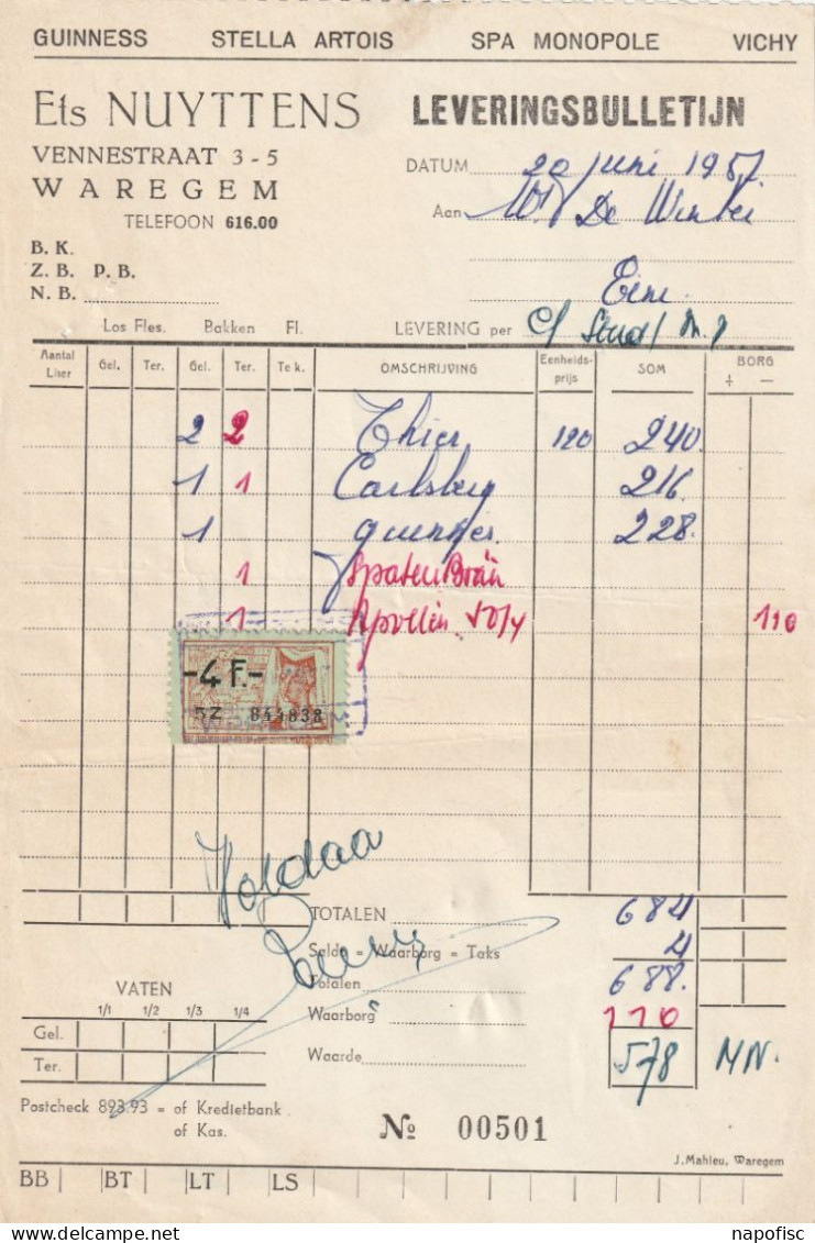 104-Ets Nuyttens...Guinness, Stella Artois, Spa Monopole, Vichy....Waregem..Belgique-Belgie...1957 - Imprenta & Papelería