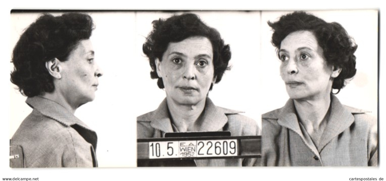 Fotografie Polizeifoto / Mugshot, Frau Donath, Festgenommen 1952 In Wien  - Métiers