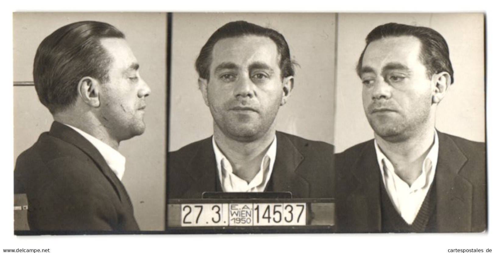 Fotografie Polizeifoto / Mugshot, Mauric Boltich, Festgenommen 1950 In Wien, Rückseitig Mit Seinen Aliassen  - Métiers