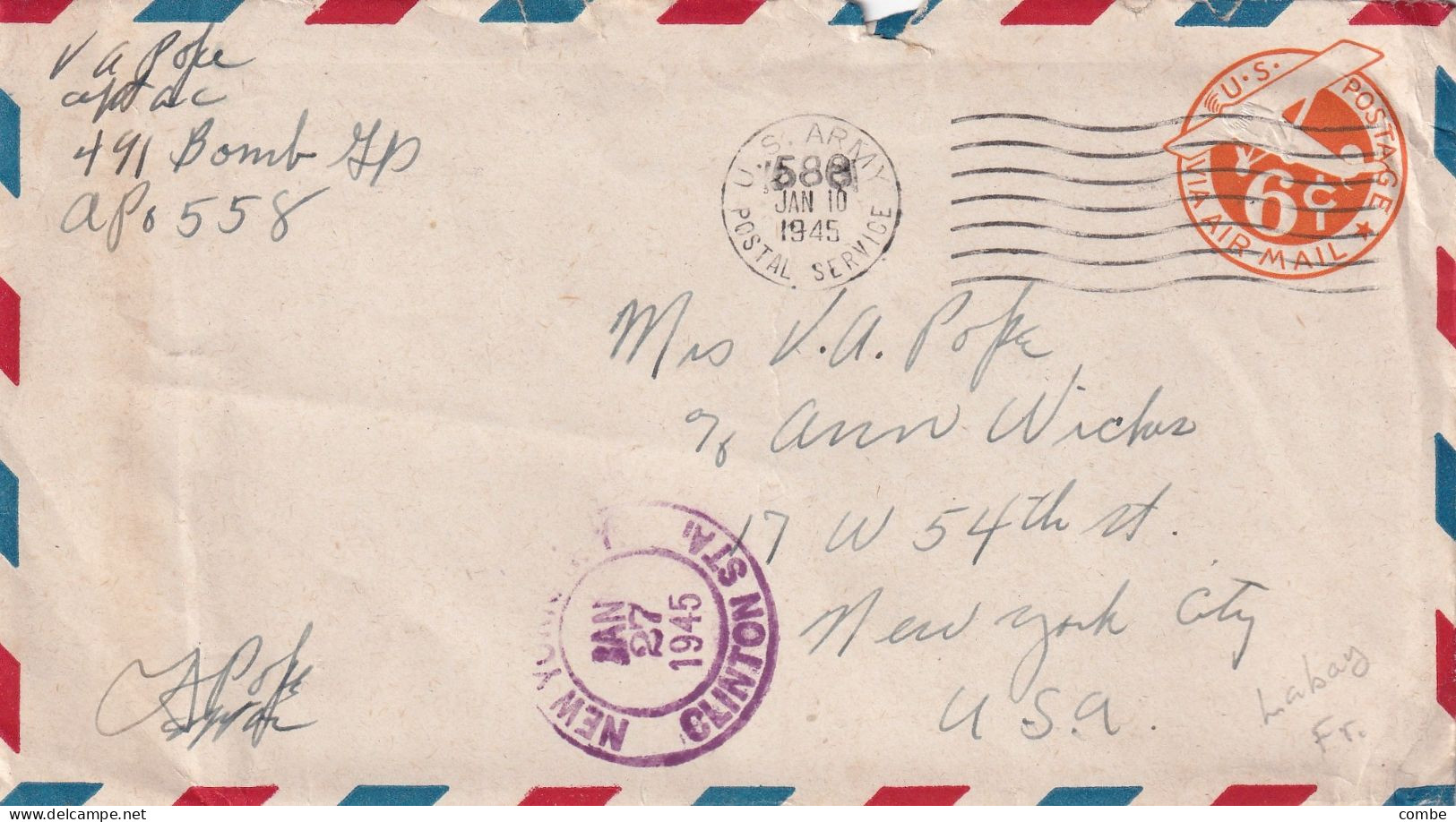 COVER US. 10 JAN 1945. APO 588. LABAY. BELGIUM. TO NEW YORK - Cartas & Documentos