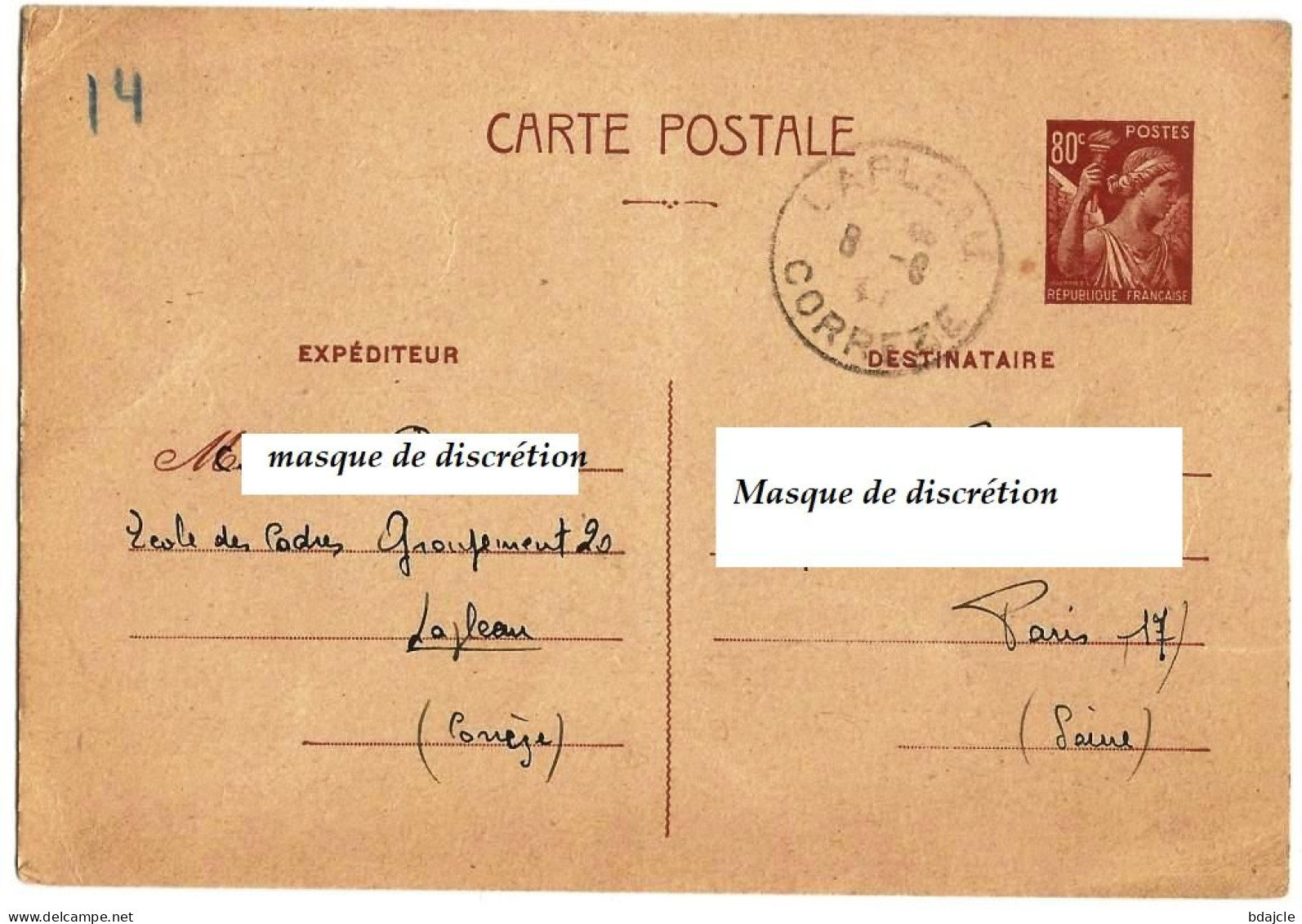 CP - Entier Postal  YT 431-CPS (Iris 80Cts.)  Oblitération Lapleau (Correze) Du 08-09-1941 - Standard- Und TSC-AK (vor 1995)