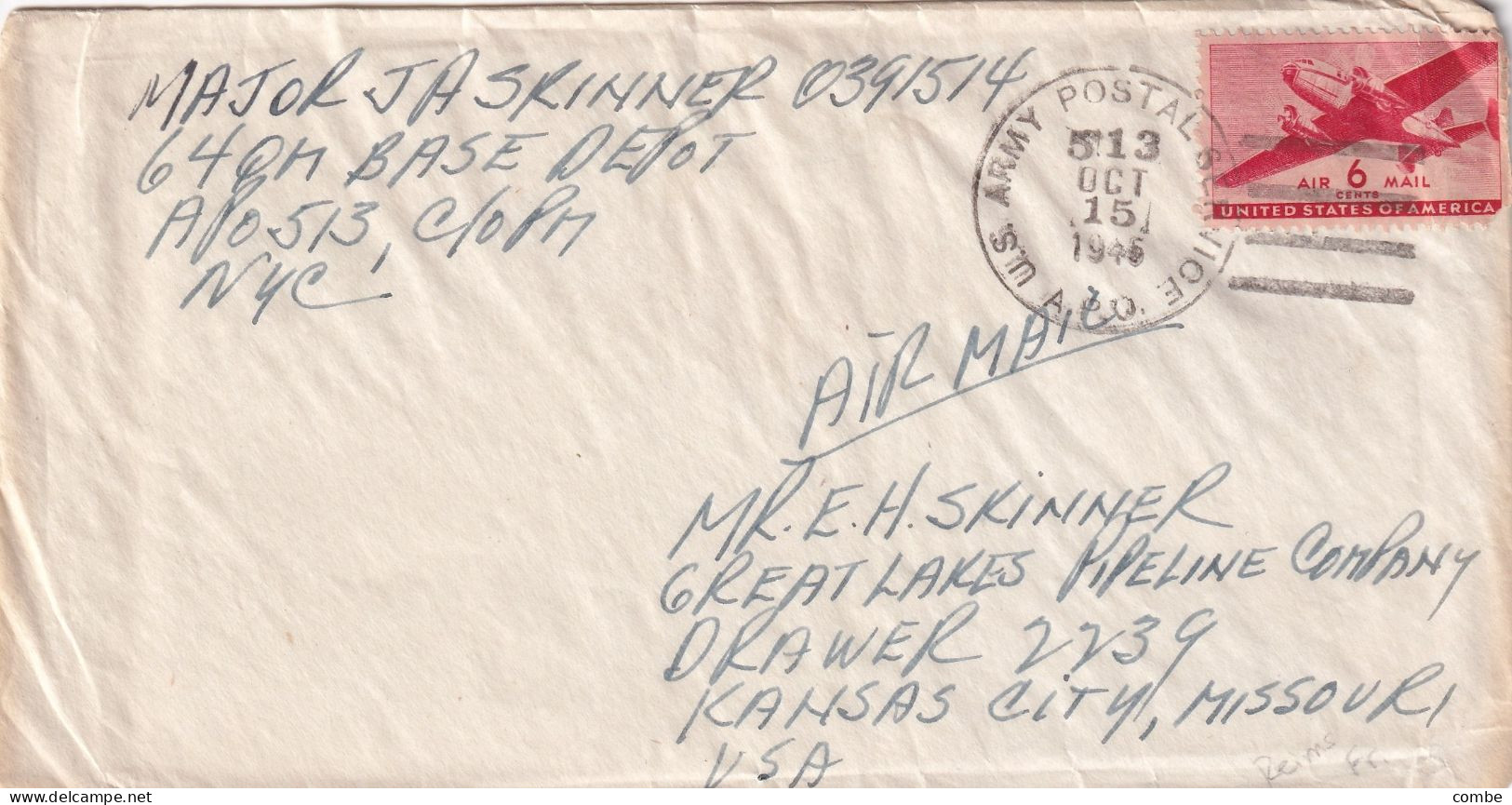 COVER USA. 15 OCT 1945. APO 513. REIMS. FRANCE. TO KANSAS CITY - Lettres & Documents