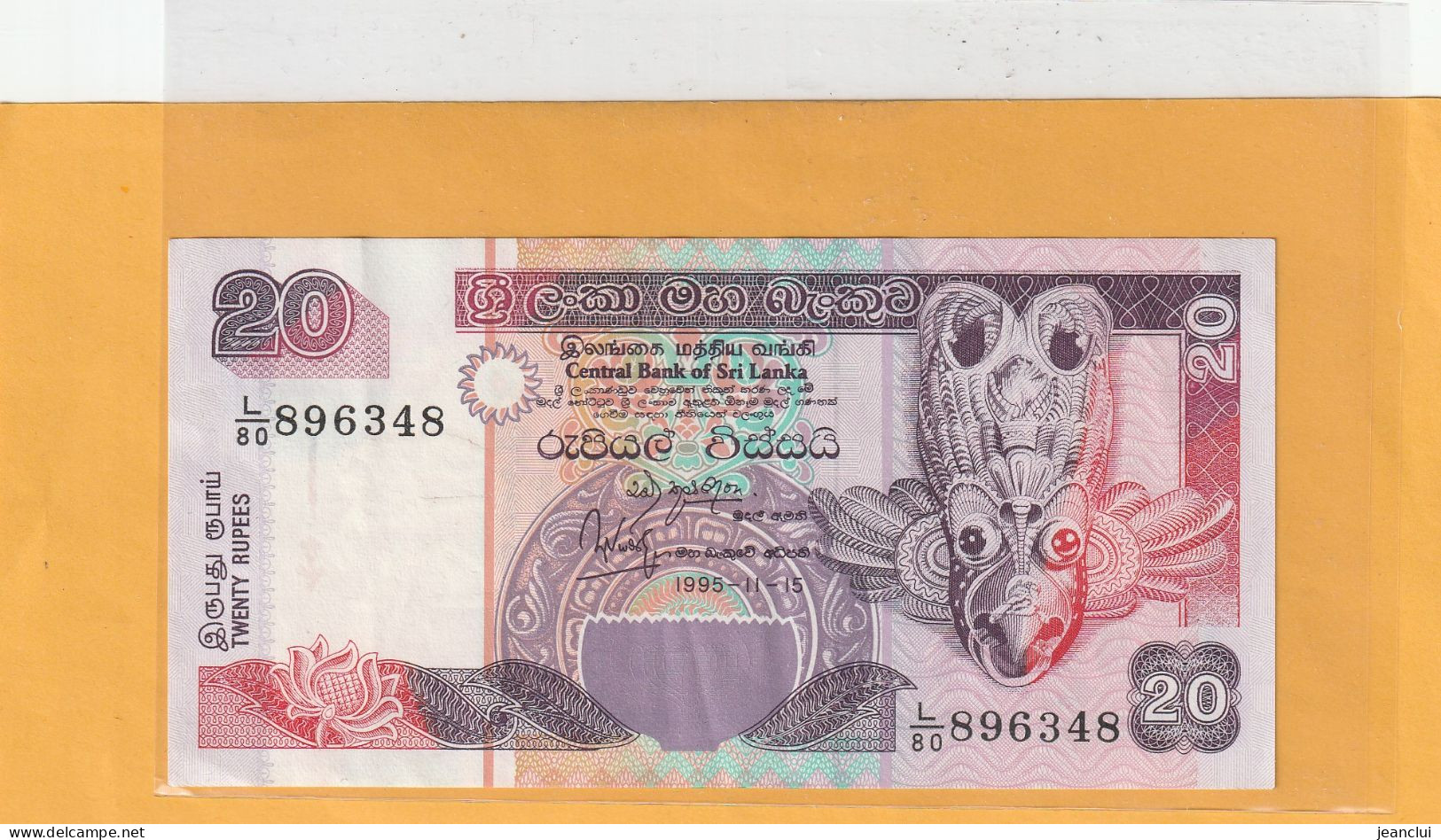 CENTRAL BANK OF SRI LANKA   .  20 RUPEES  .  15-11-1995  .  N°   L/80 896348 .  2 SCANNES  .  BILLET EN TRES BEL ETAT - Sri Lanka