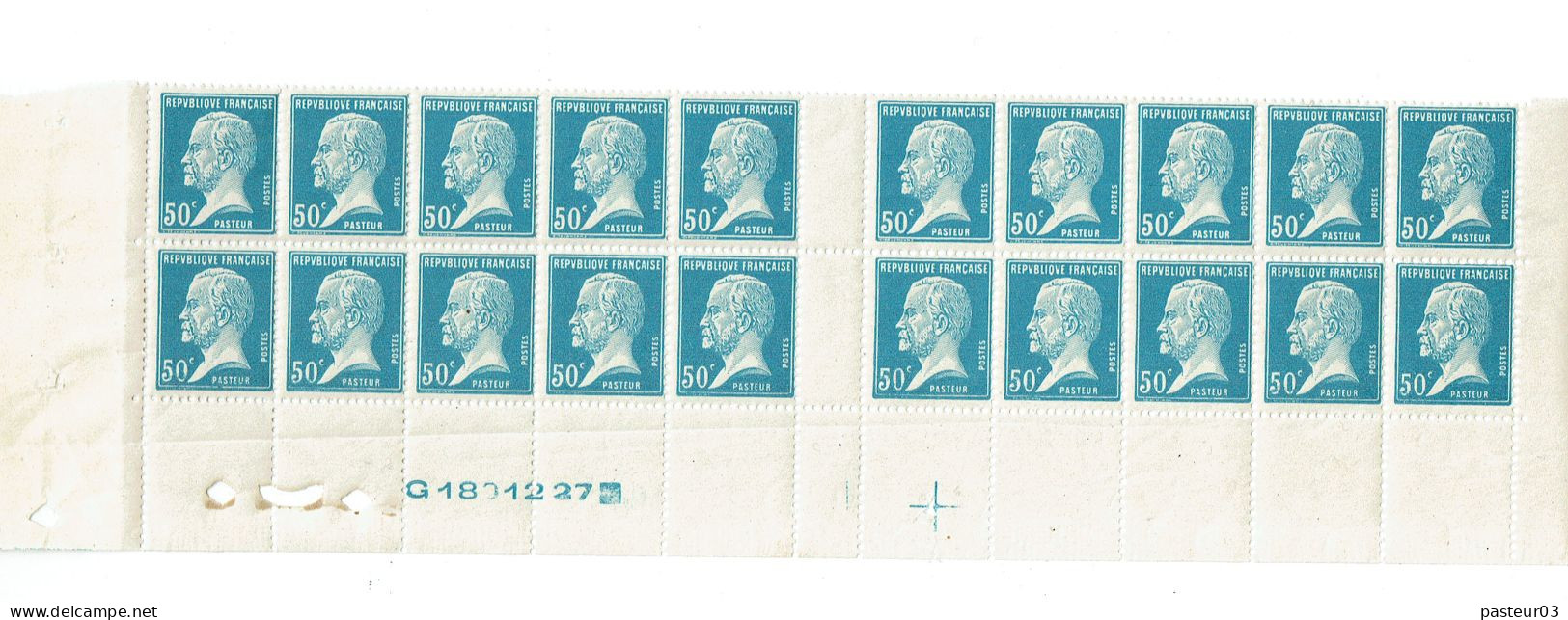 176 Pasteur 50 C. Bleu  Bloc De 20 Bas De Feuille Avec Marque Atelier Et Date G 15 012 27  Luxe - 1922-26 Pasteur