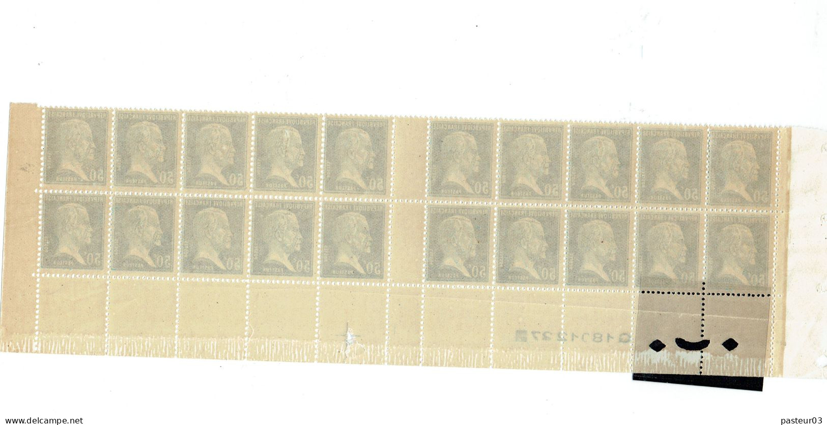 176 Pasteur 50 C. Bleu  Bloc De 20 Bas De Feuille Avec Marque Atelier Et Date G 15 012 27  Luxe - 1922-26 Pasteur