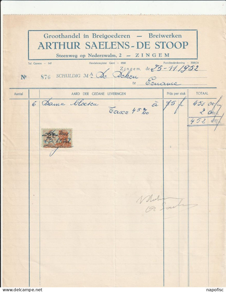 104-A.Saelen-De Stoop..Groothandel In Breigoederen, Breiwerken..Zingem..Belgique-Belgie...1952 - Kleidung & Textil