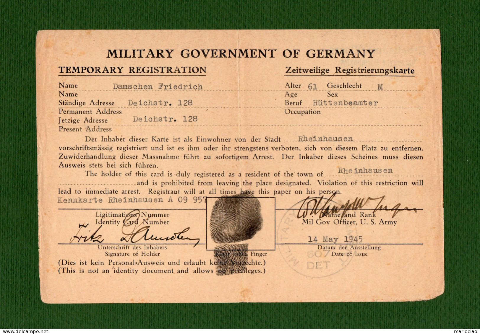D-DE RHEINHAUSEN 1945 Zeitweilige Registrierungskarte Military Government Of Germany - Documents Historiques