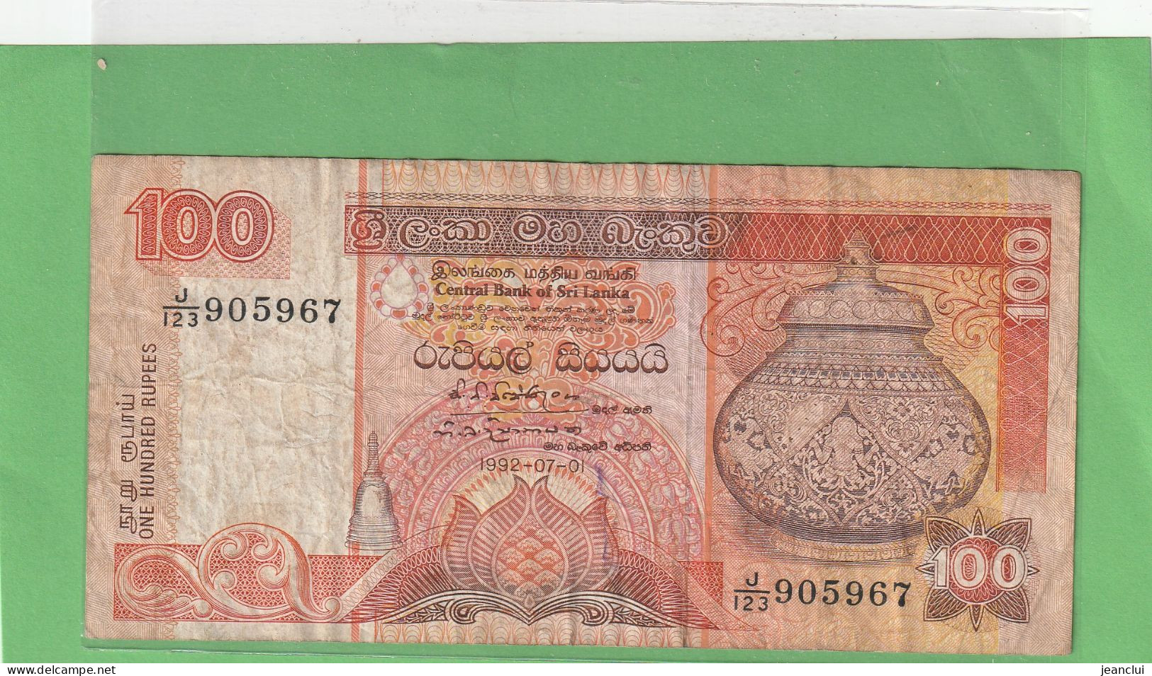 CENTRAL BANK OF SRI LANKA   .  100 RUPEES  .  01-07-1992  .  N°   J/123 905967 .  2 SCANNES  .  BILLET TRES USITE - Sri Lanka