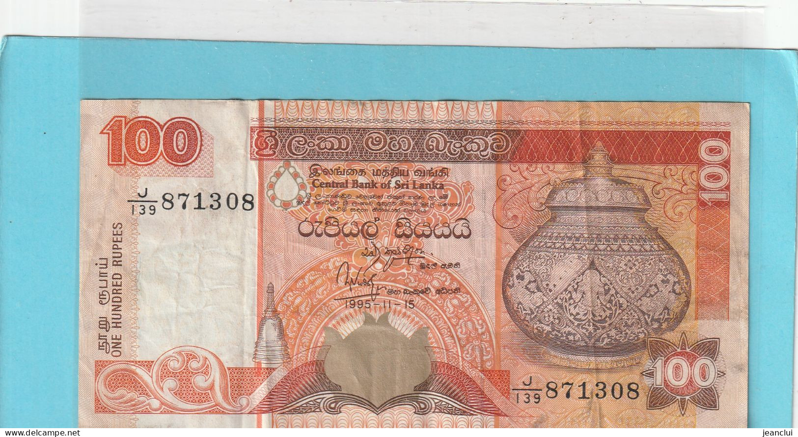 CENTRAL BANK OF SRI LANKA   .  100 RUPEES  .  15-11-1995  .  N°   J/139 871308  .  2 SCANNES  .  BILLET TRES USITE - Sri Lanka