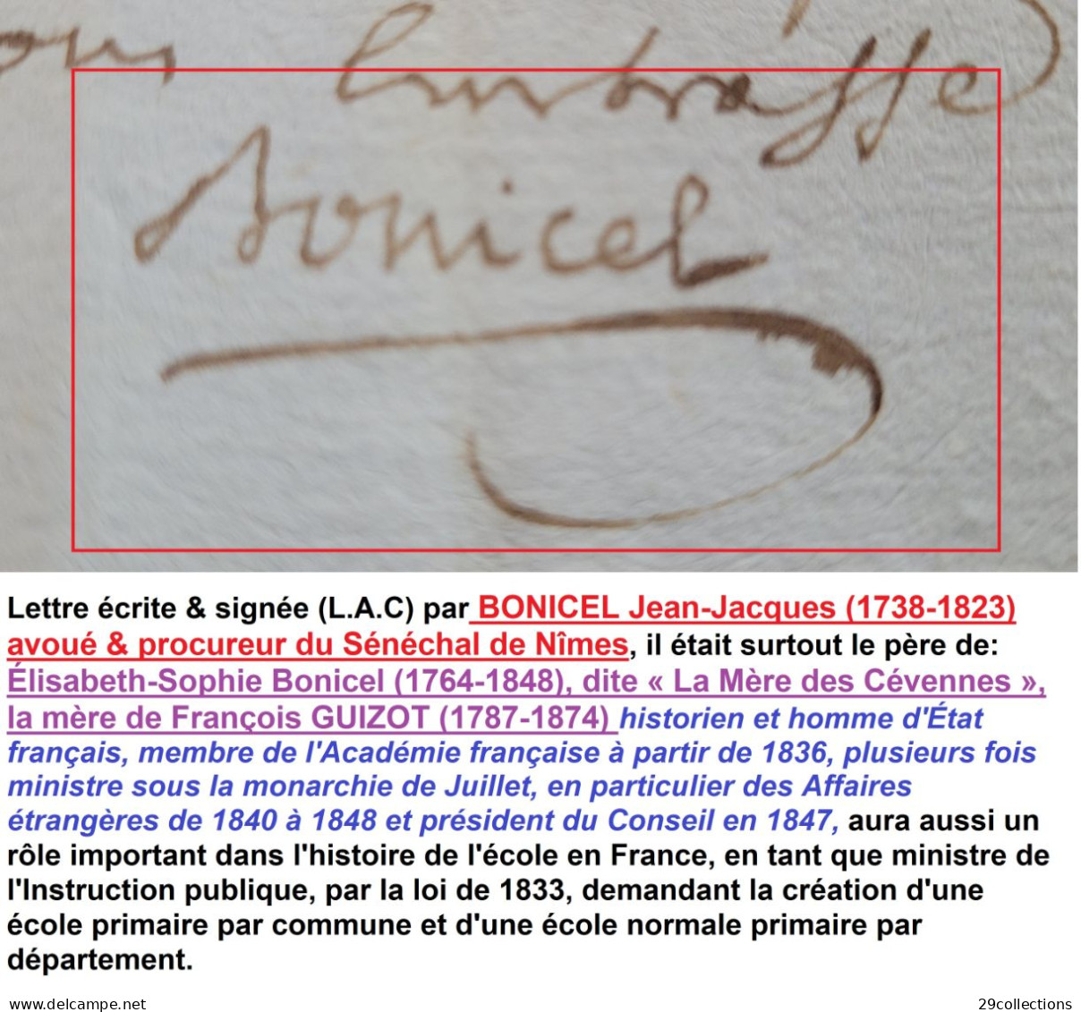 Autographe 1803 BONICEL (1738-1823) Père De La "Mère Des Cévennes" (1764-1848) Ayant Eût Pour Fils GUIZOT Ministre - Personnages Historiques