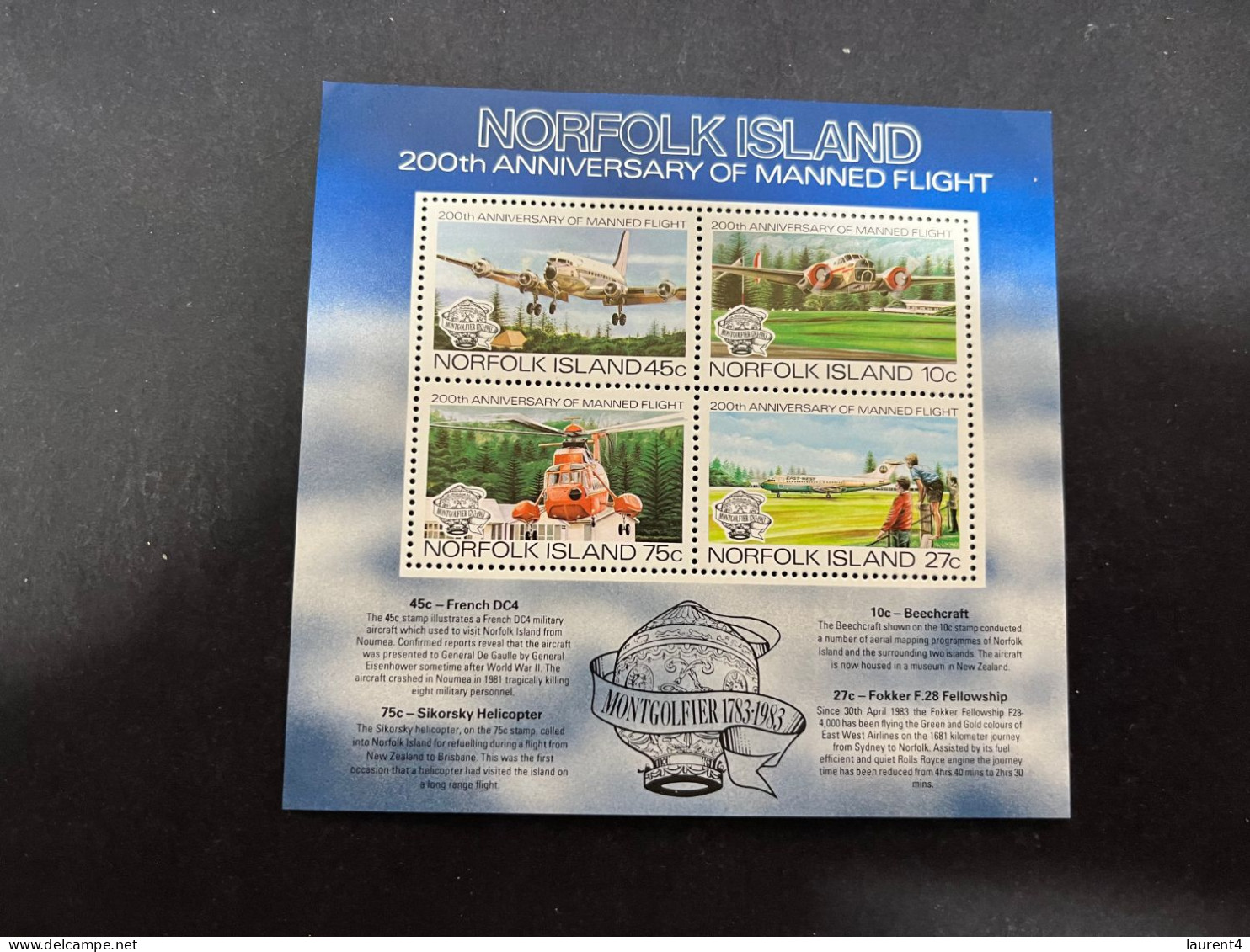 2-5-2024 (stamp) Norfolk Island = 4 Mint Stamps As A Bloc Of 4 - Aviation - Ile Norfolk