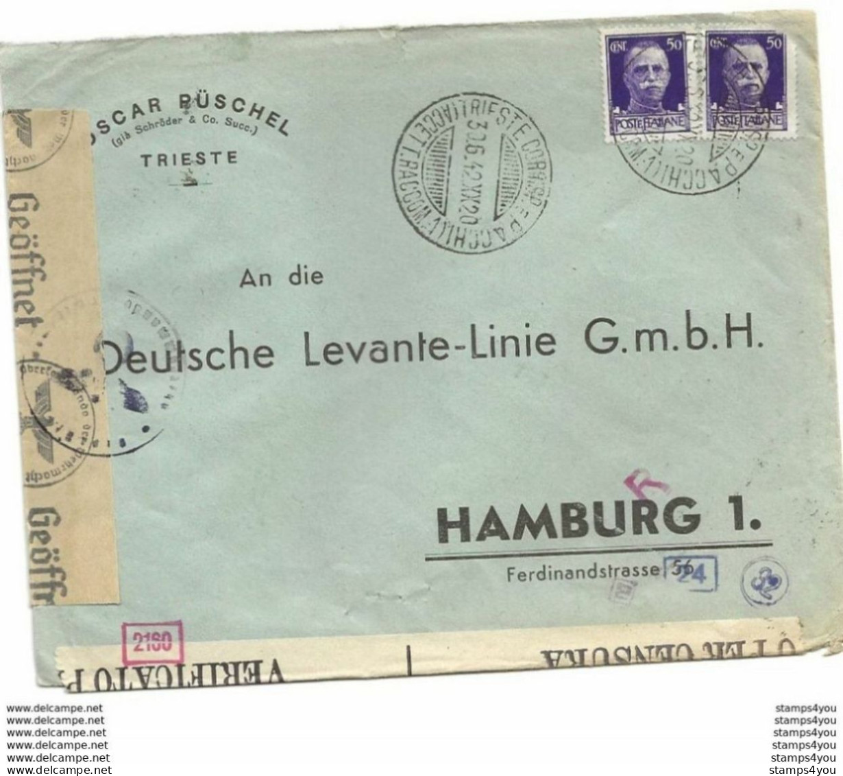 221 - 2 - Enveloppe Envoyée De Trieste à Hamnburg 1942 - Censure - Guerre Mondiale (Seconde)