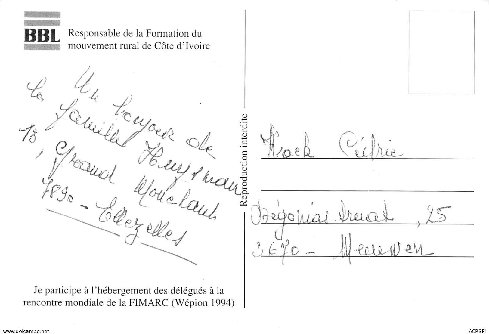 COTE D' IVOIRE  ABIDJAN BBL En 1994 Responsable De La Formation Mouvement Rural  5 (scan Recto Verso)MF2722TER - Costa De Marfil