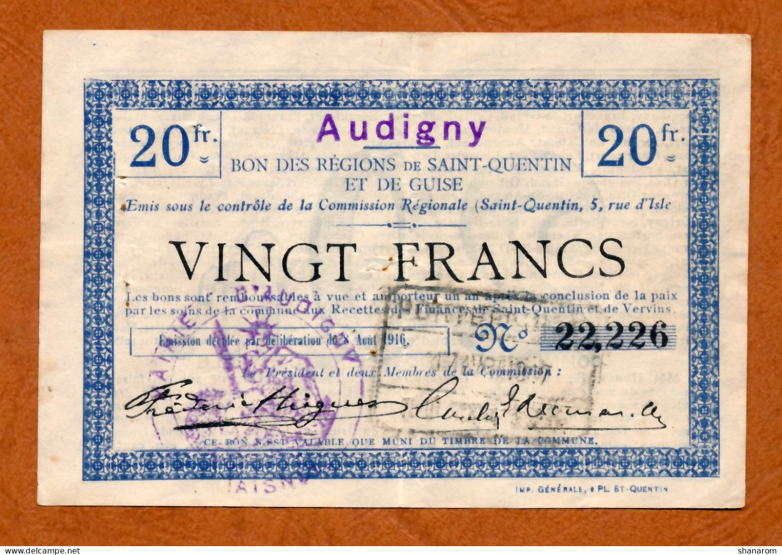 1914-1918 // AUDIGNY (Aisne 02) // SQG // Août 1916 // Bon De Vingt Francs - Bons & Nécessité
