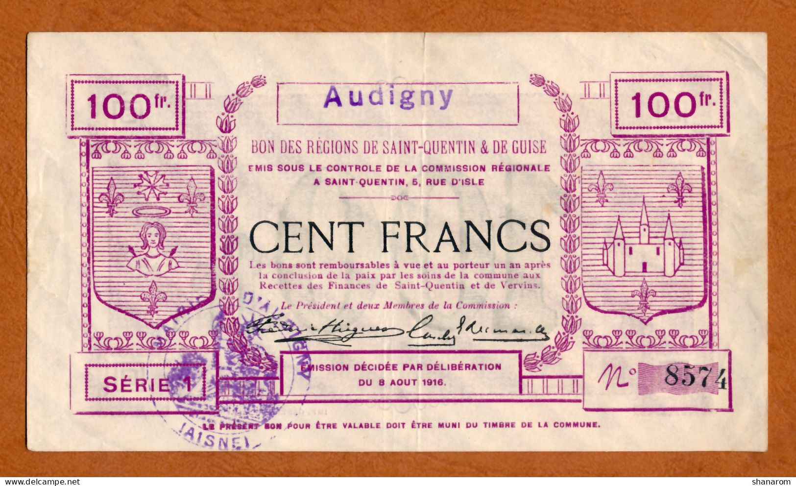1914-1918 // AUDIGNY (Aisne 02) // SQG // Août 1916 // Bon De Cents Francs - Notgeld