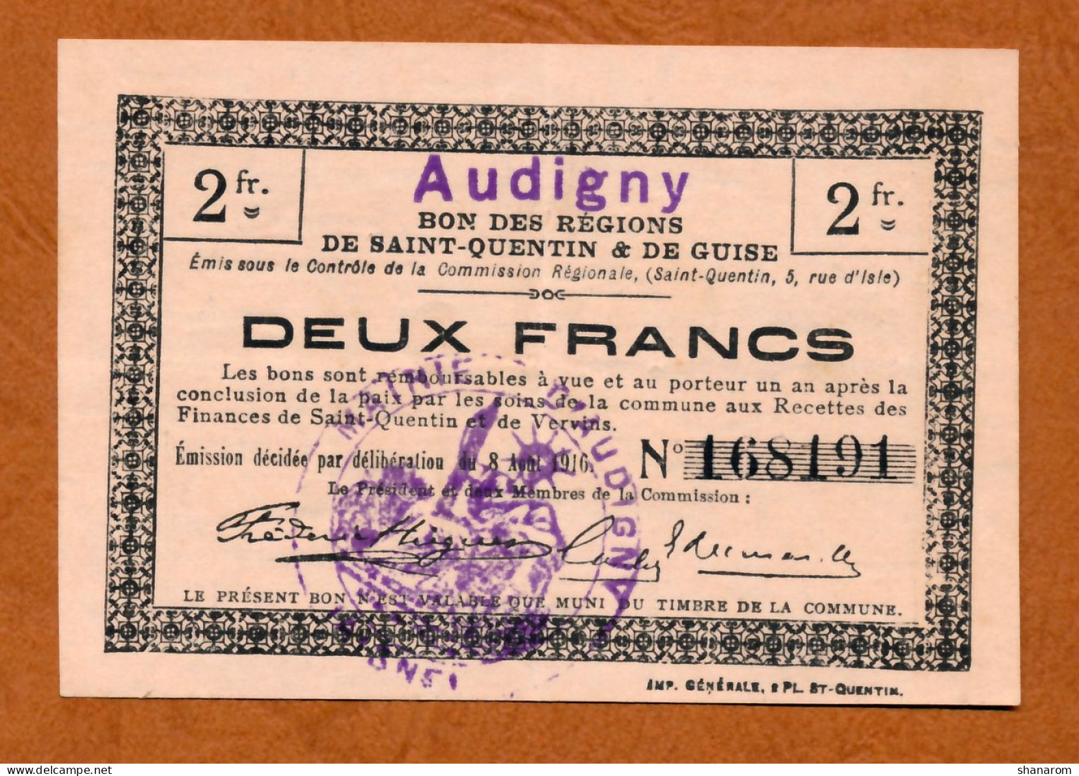 1914-1918 // AUDIGNY (Aisne 02) // SQG // Août 1916 // Bon De Deux Francs - Bons & Nécessité