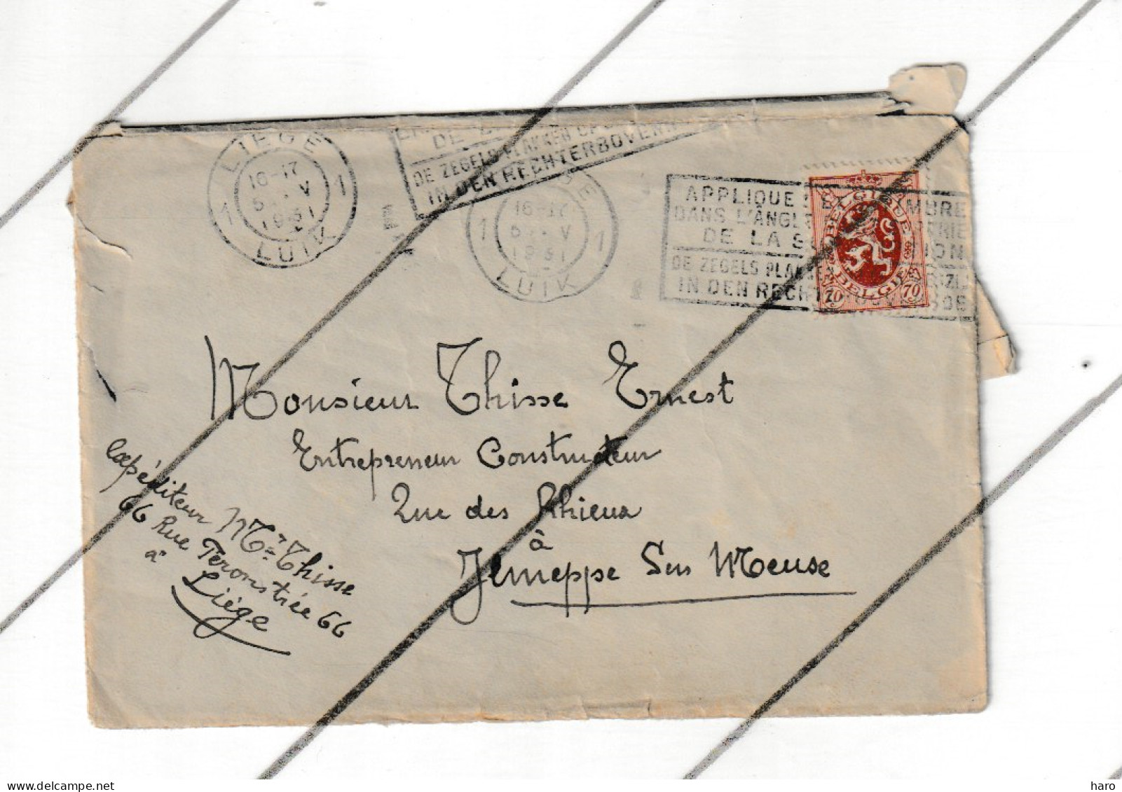 Lettre Envoyée De Liège à Mr. Ernest THYSSE, Entrepreneur à Jemeppe/ Meuse En 1931 ( B375 ) - 1900 – 1949