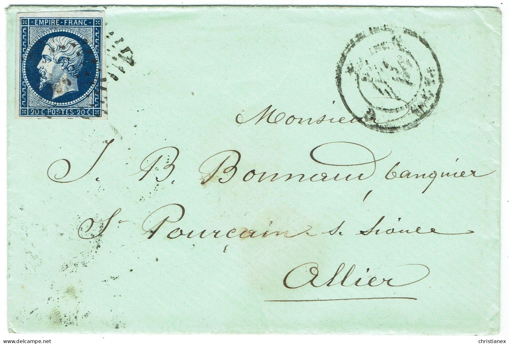 YT N°14 A Empire 20c Bleu Sur LAC De Paris à St Pourçain 3-5-1856 - 1853-1860 Napoleone III