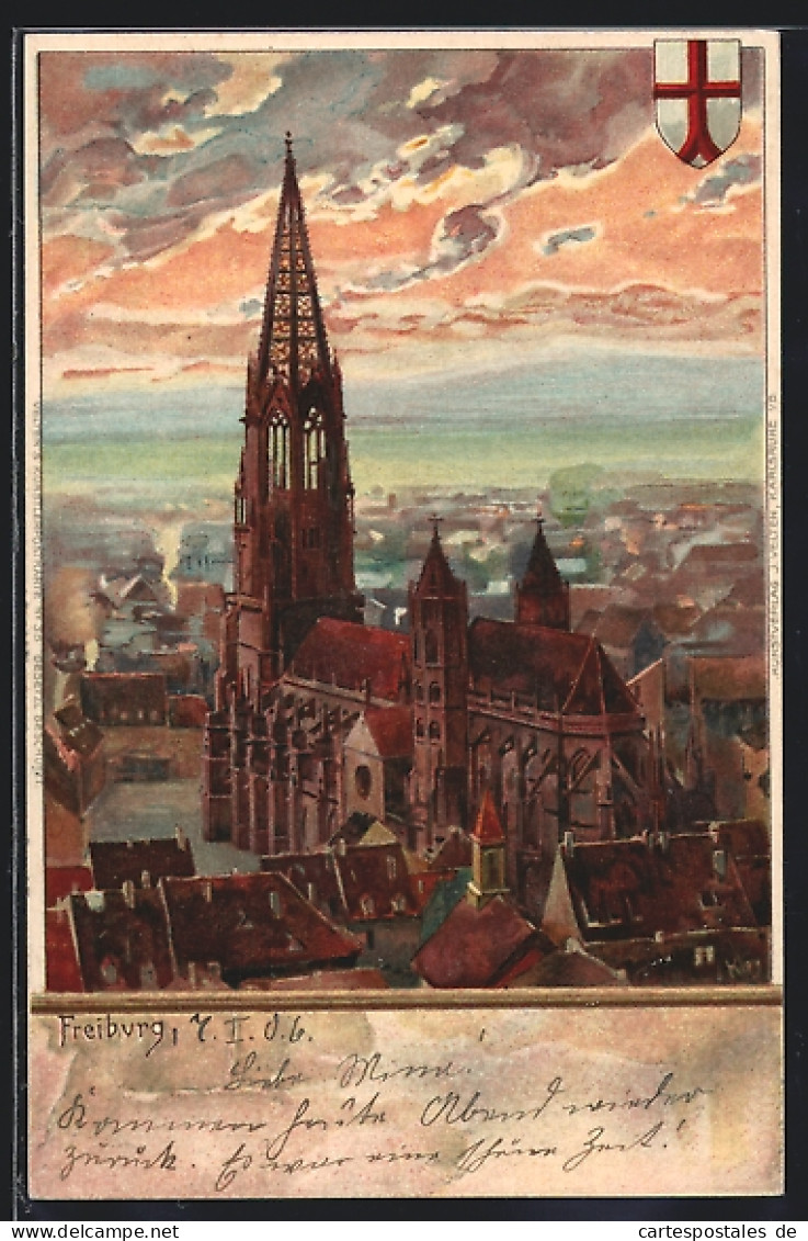 Künstler-AK Heinrich Kley: Freiburg, Blick über Die Dächer Mit Kirche, Wappen  - Kley
