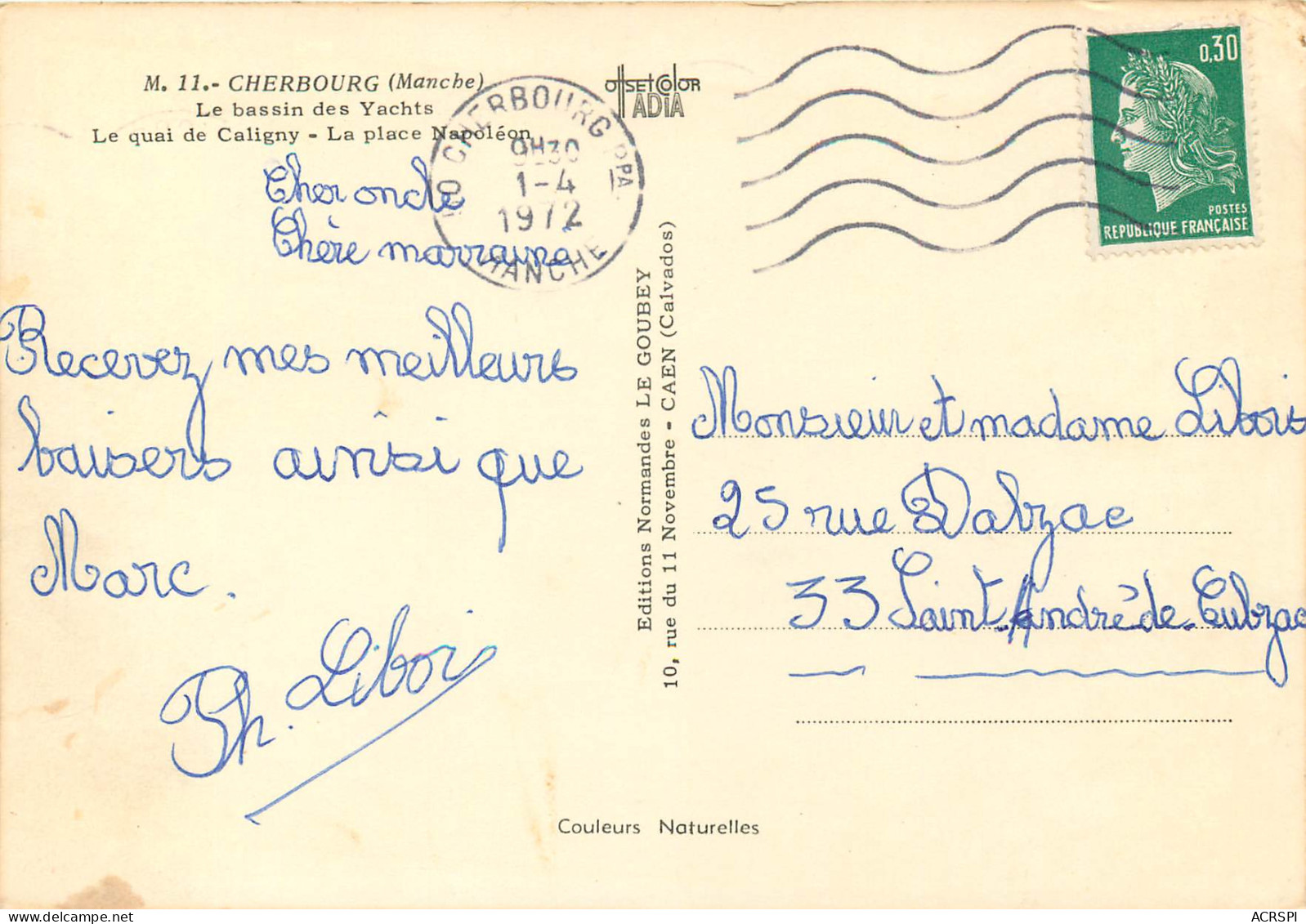 CHERBOURG Le Bassin Des Yachts Le Quai De Caligny 13(scan Recto Verso)MF2733 - Cherbourg